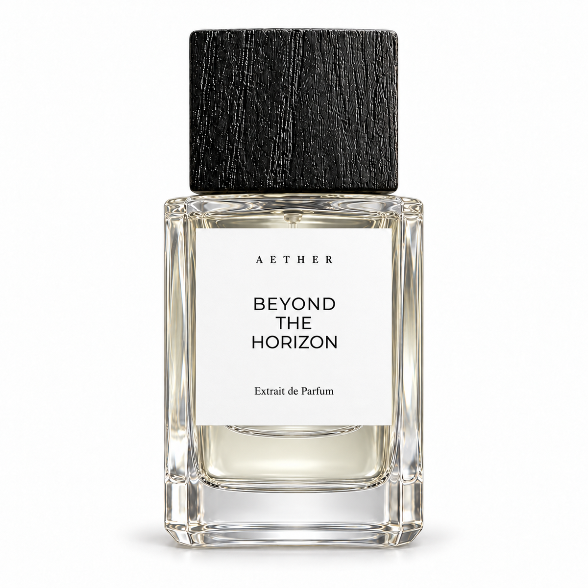 Bottle of 08 Beyond The Horizon extrait de parfum with white label and black square cap