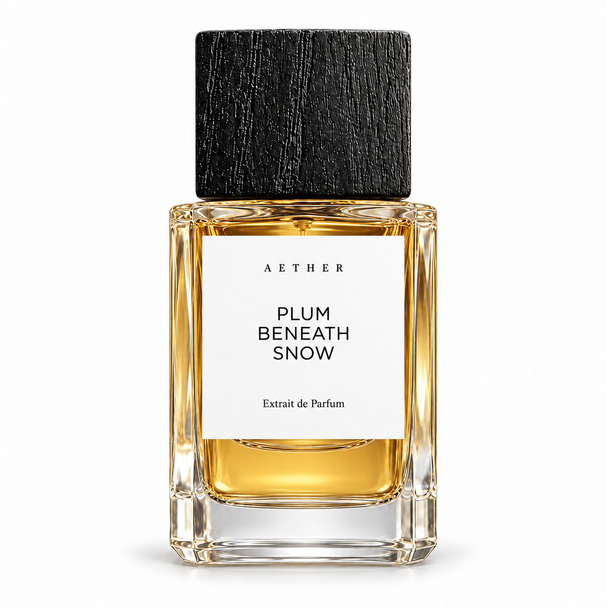 Bottle of 05 Plum Beneath Snow extrait de parfum with white label and black square cap