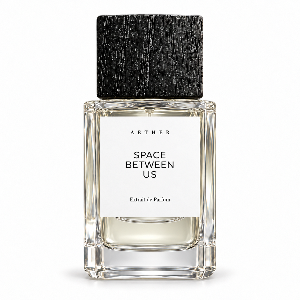 Bottle of 03 Space Between Us extrait de parfum with white label and black square cap