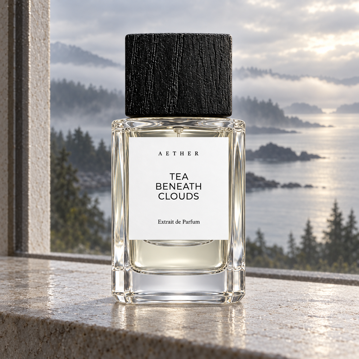 Bottle of 04 Tea Beneath Clouds on a coastal windowsill