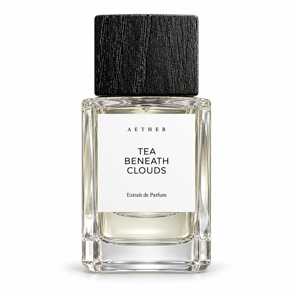Clear bottle of 04 Tea Beneath Clouds extrait de parfum with white label and black square cap