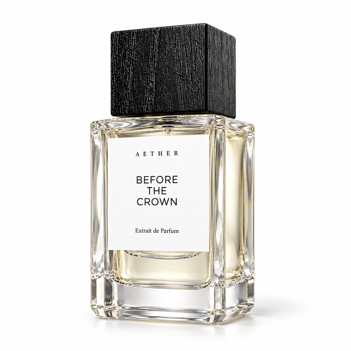 Before The Crown Extrait de Parfum — three-quarter view of the white-label bottle