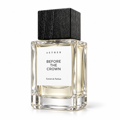 Before The Crown Extrait de Parfum — three-quarter view of the white-label bottle