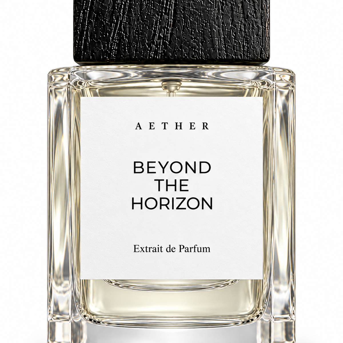 Beyond The Horizon Extrait de Parfum — close detail of the white label, glass and textured black cap