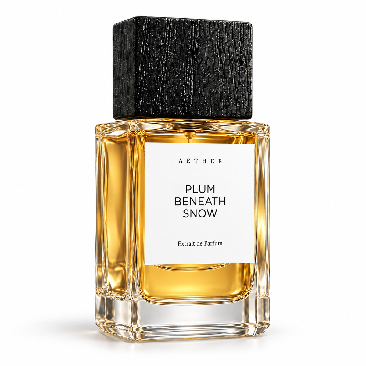 Plum Beneath Snow Extrait de Parfum — three-quarter view of the white-label bottle