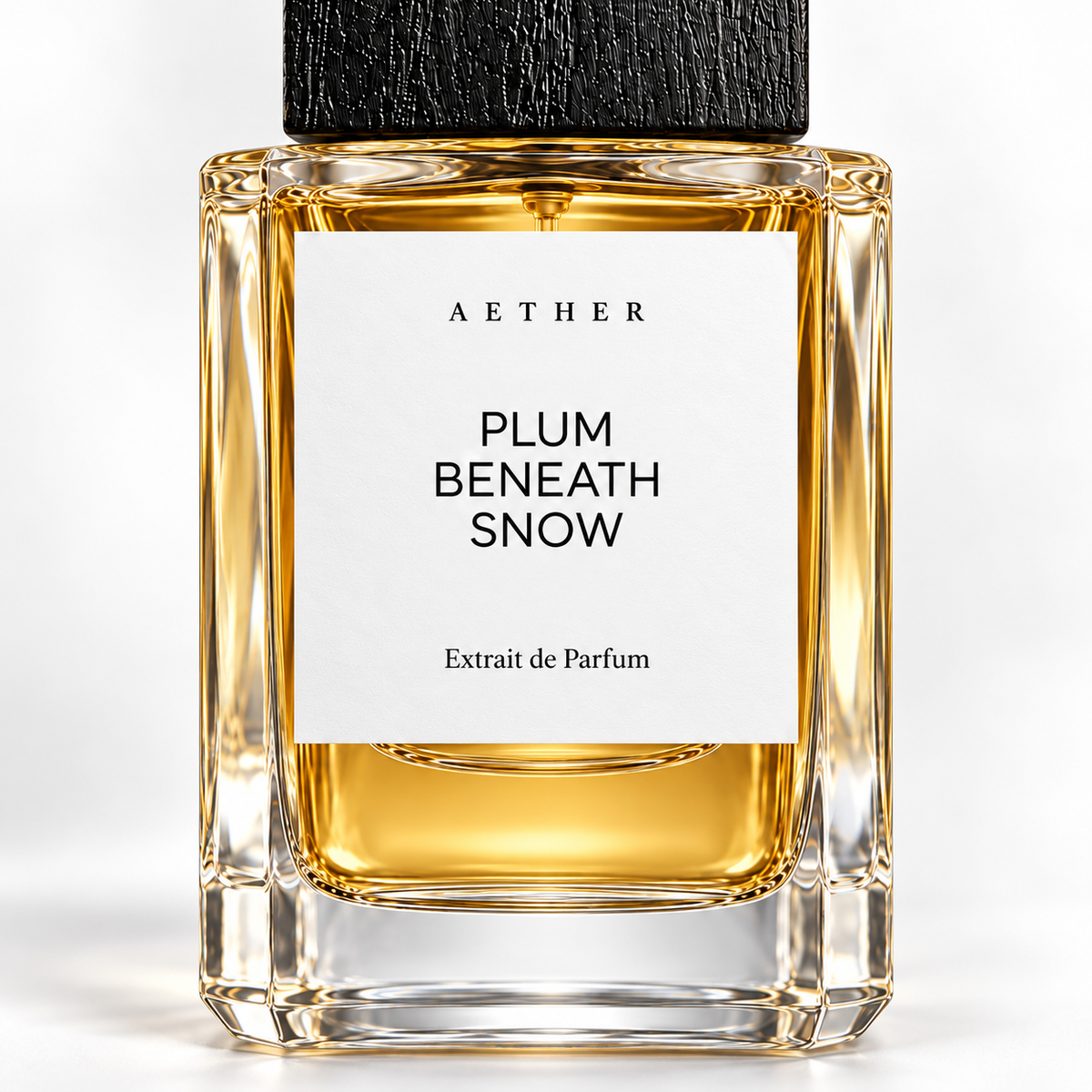 Plum Beneath Snow Extrait de Parfum — close detail of the white label, glass and textured black cap