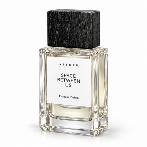 Space Between Us Extrait de Parfum — three-quarter view of the white-label bottle