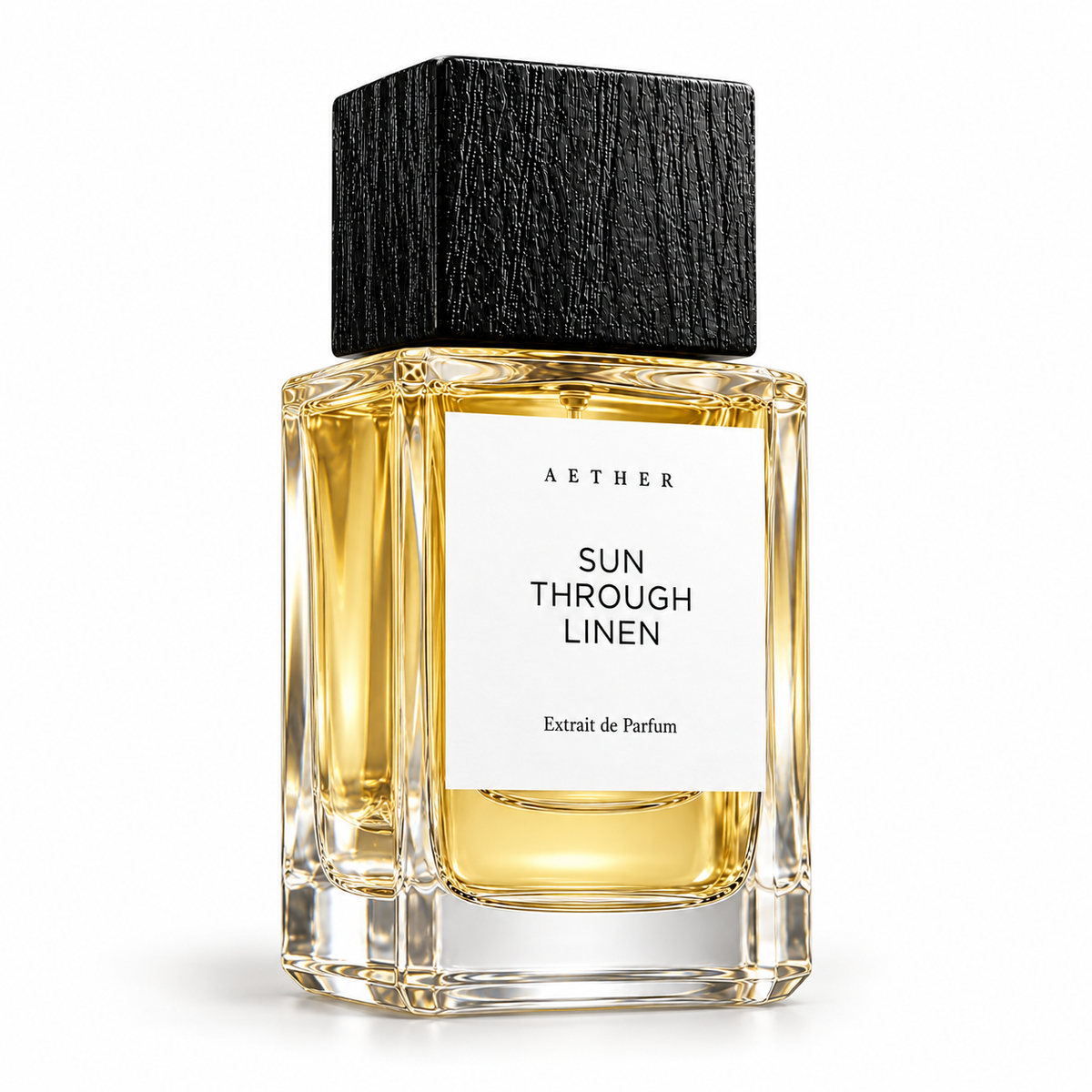 Sun Through Linen Extrait de Parfum — three-quarter view of the white-label bottle