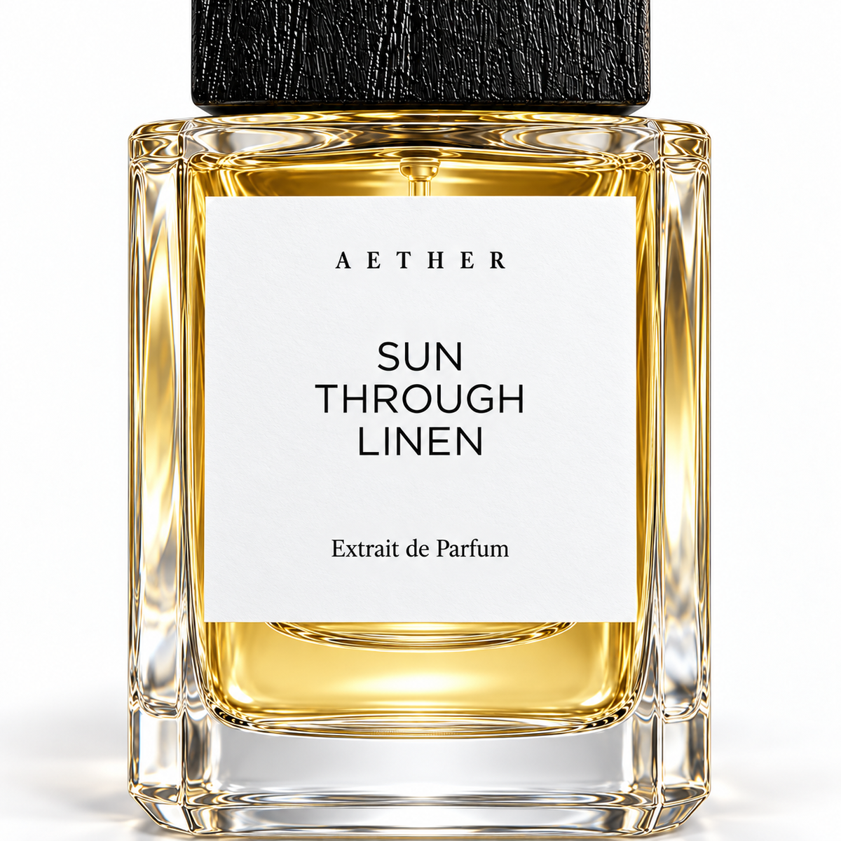 Sun Through Linen Extrait de Parfum — close detail of the white label, glass and textured black cap