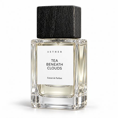 Tea Beneath Clouds Extrait de Parfum — three-quarter view of white label, clear glass and black cap