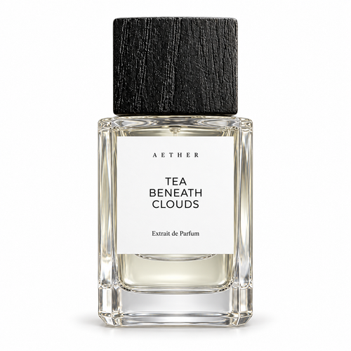 Tea Beneath Clouds Extrait de Parfum — clear bottle with white label and black square cap