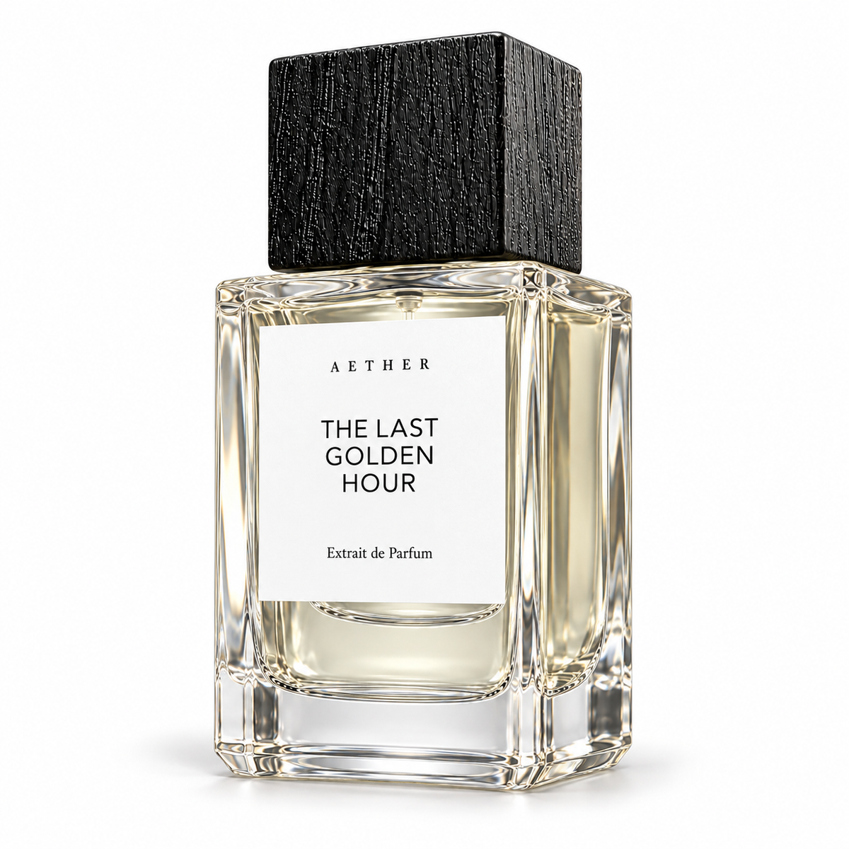 The Last Golden Hour Extrait de Parfum — three-quarter view of the white-label bottle
