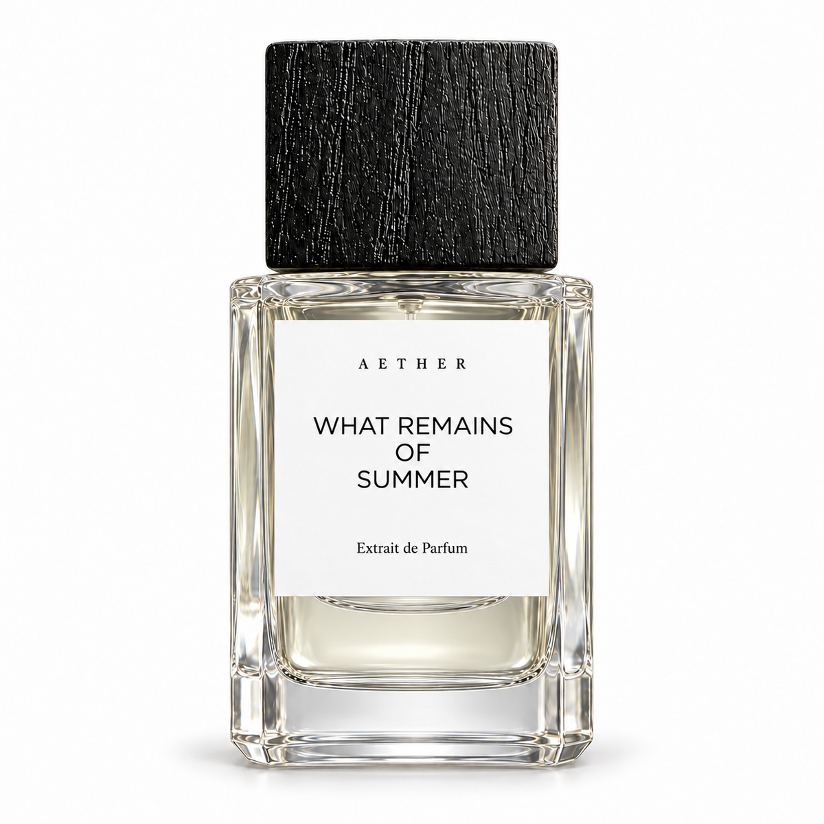 What Remains of Summer Extrait de Parfum with white label and black square cap